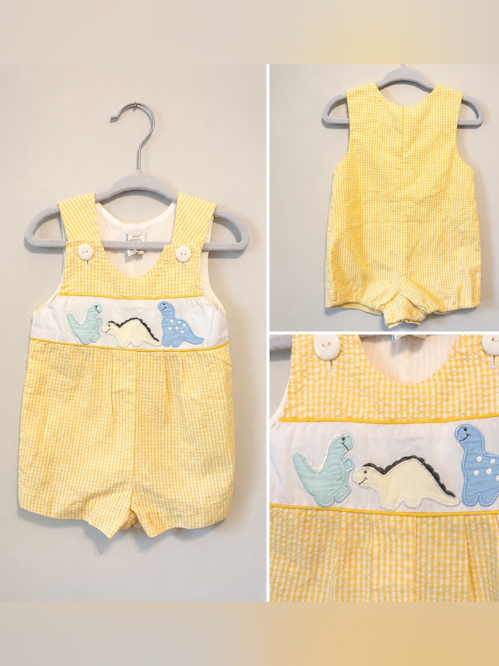 Vintage Yellow Seersucker Dinosaur Applique Romper 6-9M